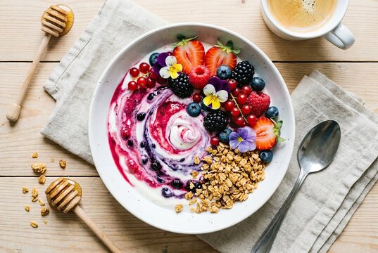 Overhead View of Healthy Skyr Breakfast Bowl with Fresh Berries and Granola on a Light Wooden Table