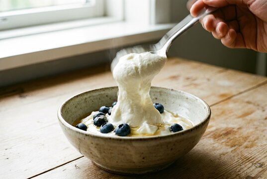 Spoonful of Thick Skyr Yogurt Being Lifted from a Bowl with Motion Blur