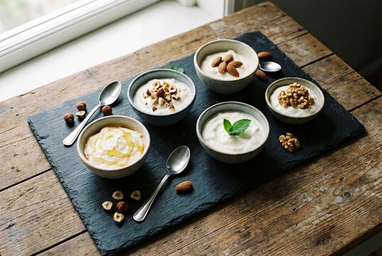 Aesthetic Skyr Bowls with Honey, Nuts, and Mint on Slate Board