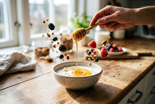 Hand drizzling golden honey onto creamy skyr in a ceramic bowl, creating an artistic swirl on a bright kitchen counter with shallow depth of field