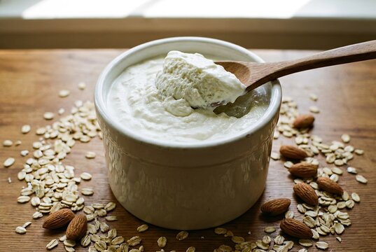 Creamy Skyr Yogurt with Oats and Almonds Under Natural Light