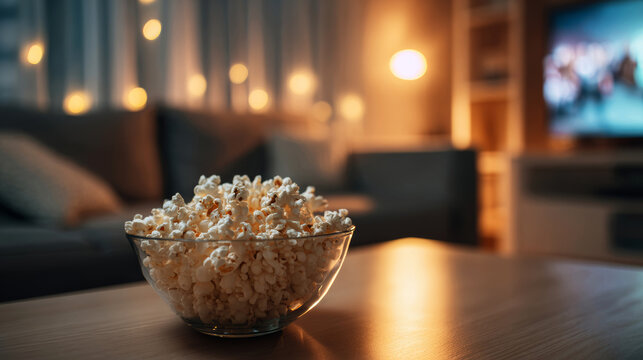 Bowl of popcorn on a coffee table with warm bokeh lights and a TV streaming in the background, creating a cozy movie night atmosphere at home for relaxed enjoyment