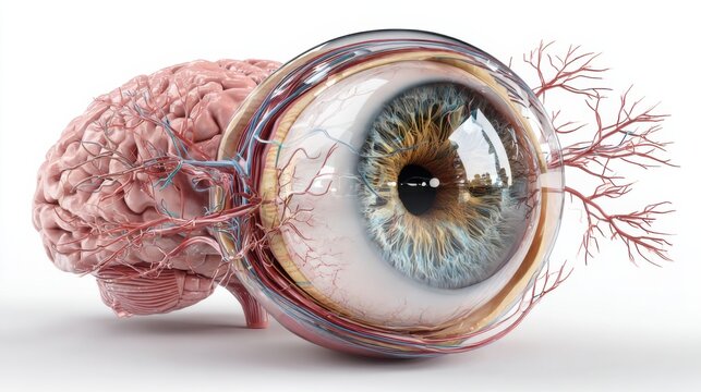 Eye and brain structure displayed together showing connections and networks in human anatomy and vision