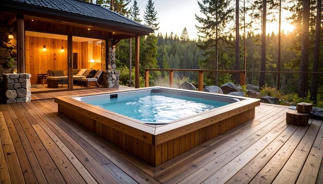 Serene wooden deck with built in pool and lounge chairs by a forest lake at sunset