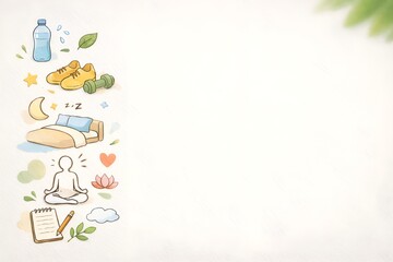 Obraz premium 人物不在 健康習慣手書きチェックリスト 自宅朝 穏やか / No People Health Habit Checklist Home Morning Calm