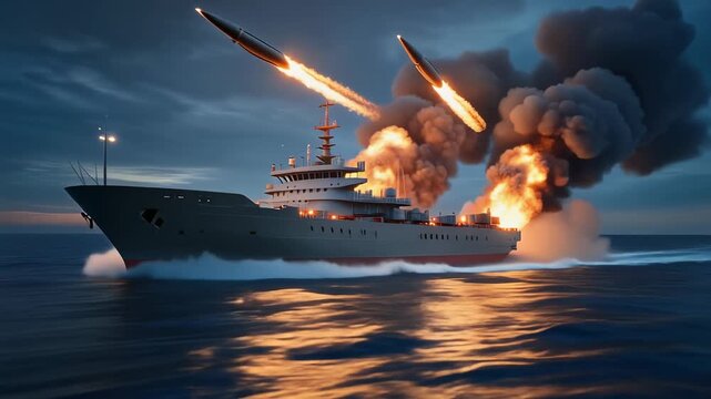 Naval Warfare - Warship Engaged in Intense Missile Combat at Sea During Twilight.
