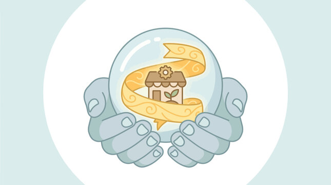 Hands holding crystal ball with small green business shop concept of startup protection and vision