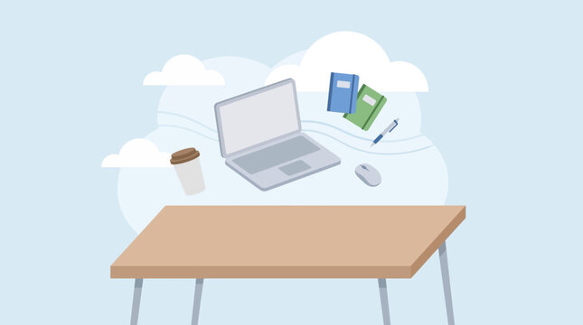 Remote work concept with minimalist floating laptop and office supplies above desk in clouds