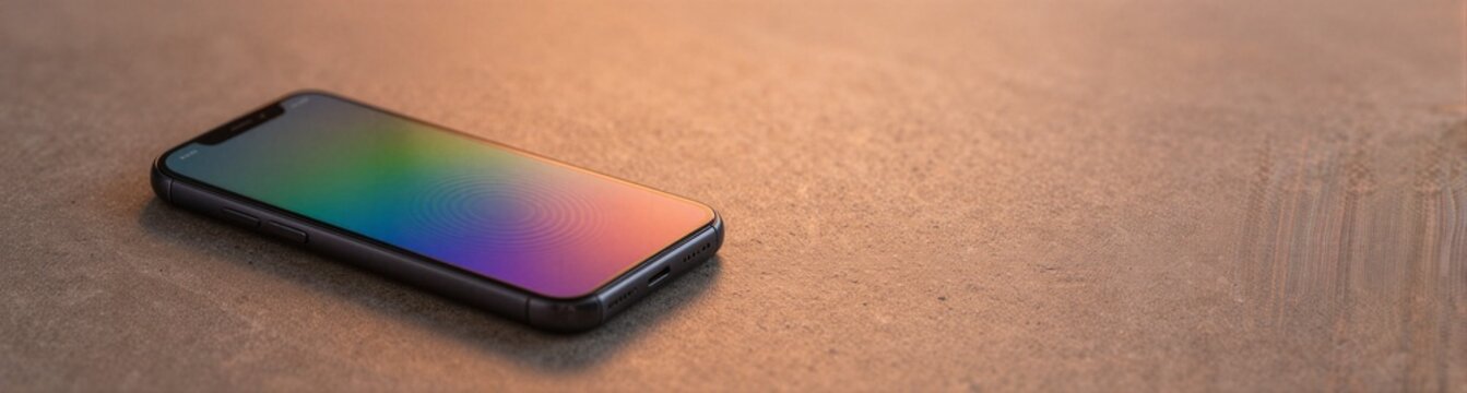 Smartphone lying with gradient screen on textured tabletop