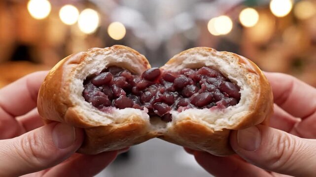 Close Up of Hands Pulling Apart Warm Red Bean Bun Revealing Sweet Paste