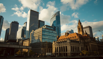 Fototapeta premium Cityscape Symphony: A sprawling cityscape unfolds under a dynamic sky. Modern skyscrapers harmonize with historic architecture. Capturing the essence of urban growth and architectural diversity.
