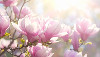 Obraz premium Soft focus pink magnolia flowers in spring bloom with natural sunlight