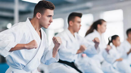 Obraz premium Young people in white gis practicing karate in a dojo, focusing on technique and movement, showing dedication to martial arts