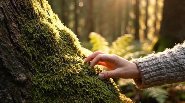 Serene Connection with Nature featuring a close up of a hand gently touching soft green moss on a tree trunk in a sunlit forest, ideal for environmental awareness and wellness content.