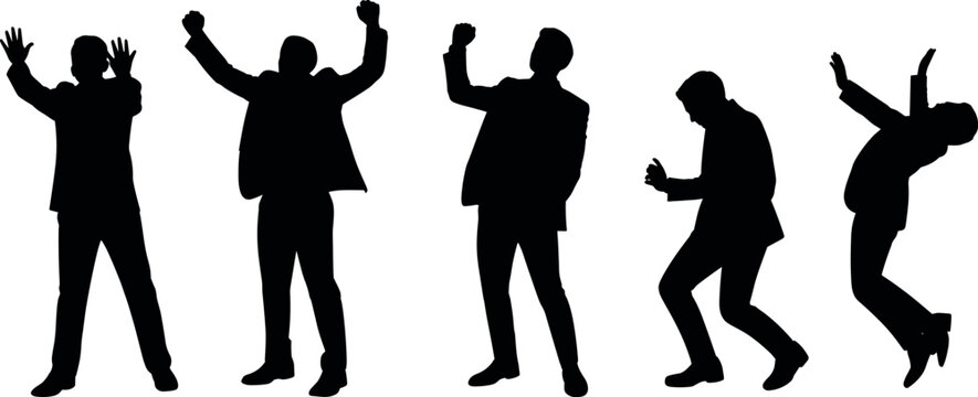 Business people celebrating silhouette set of men expressing success, victory and excitement isolated black vector illustration for achievement and motivation concept