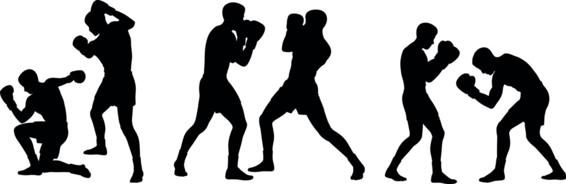 Boxing athletes silhouette set of fighters training and sparring poses isolated black vector illustration for sport, fitness and combat concept