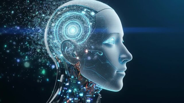 Futuristic Humanoid Robot Head with Glowing AI Brain and Digital Data Flow Representing Advanced Technology and Machine Learning