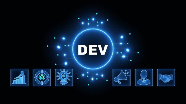 DEV Acronym on Central Circuit Board. Digital Data Neon Circuit Board Concept. Idea, Growth, Target, Marketing, Lock, and Person Icons. Digital Technology Blue Background. 4k Video