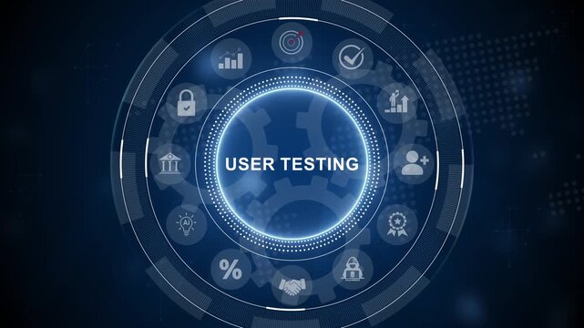 User Testing concept. virtual network connecting service with graphical icons in various, diverse, and industry. 3d Motion graphics of technology icon interface background