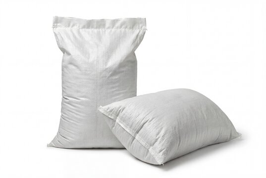 Two blank white woven polypropylene sacks isolated on white background one standing one lying down mockup for agriculture grain flour sugar rice fertilizer sand building materials packaging template