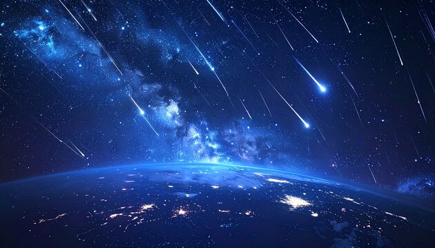 流れ星と彗星が宇宙空間を横切る幻想的なシーン。
暗い宇宙の中で光の軌跡が美しく輝いている。
星々と広がる銀河が神秘的な雰囲気をつくる構図。