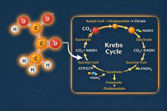 Krebs cycle is crucial process cell biology and biochemistry, illustrating how acetyl CoA and oxaloacetate transform into citrate while producing
