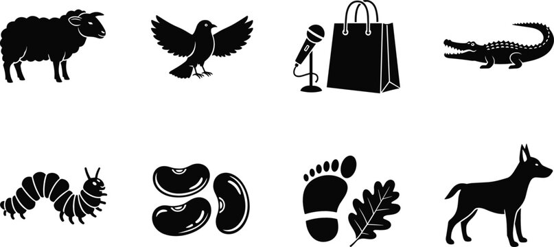 Black silhouette icon set with sheep, bird, microphone, shopping bag, crocodile, caterpillar, beans, footprint, leaf and dog, vector illustration for nature and lifestyle design projects