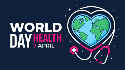 Fototapeta premium World Health Day 7 April: illustrated heart-shaped globe with a stethoscope promoting global health awareness