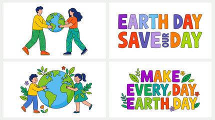 Fototapeta premium Vibrant four-panel illustration promoting Earth Day with people planting trees to protect the planet and celebrate Make Every Day Earth Day—colorful, family-friendly environmental awareness design