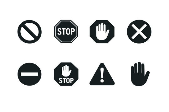 Set of various prohibition and warning signs including stop sign, no entry, caution and hand signal icons on white background