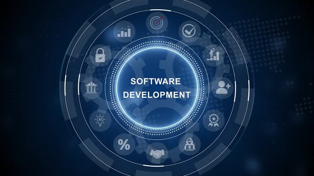 Software development team collaboration and technical process abstract design. business technology. 3d Motion graphics of technology icon interface background