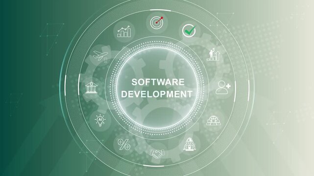Software development team collaboration and technical process abstract design. business technology. 3d Motion graphics of technology icon interface background