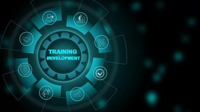 Business training development E-learning concept new business concept. Abstract technology. 3d Motion graphics of technology icon interface background