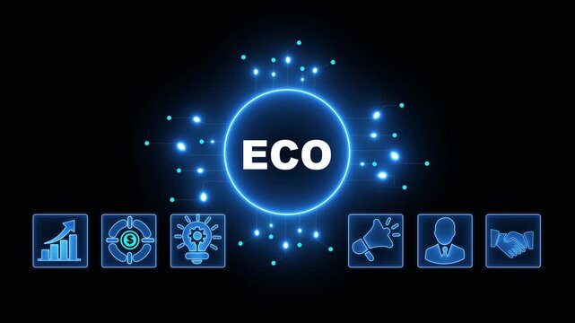 ECO Acronym on Central Circuit Board. Digital Data Neon Circuit Board Concept. Idea, Growth, Target, Marketing, Lock, and Person Icons. Digital Technology Blue Background. 4k Video