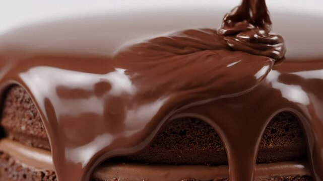 Delicious chocolate cake with melted chocolate frosting and smooth texture on top layer