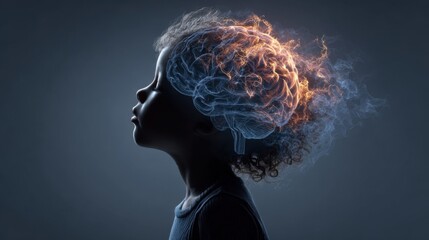 Obraz premium Child with a creative mind shows a brain made of smoke and fire with thoughts on display during a nighttime scene