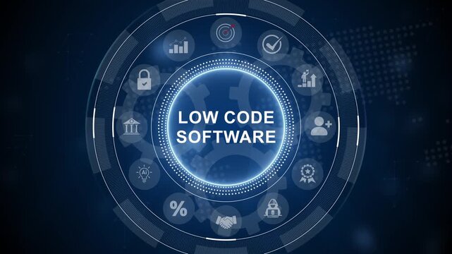 Low Code software development platform technology concept. glowing animation. 3d Motion graphics of technology icon interface background