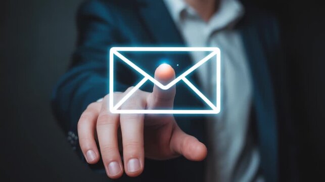 Hand touching a single email envelope hologram icon 