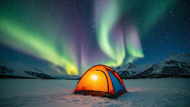 Mesmerizing aurora borealis dancing above a lit tent in a snowy winter wonderland landscape with mountains at night