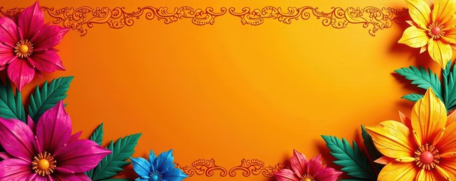 Intricate papel picado banners, vibrant orange backdrop , orange, garland