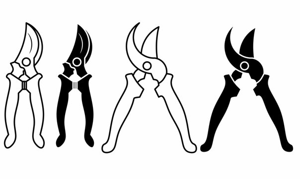 outline and silhouette of Pruning shears, also called hand pruners or secateurs icon set