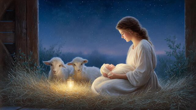 Young mother in white dress holding newborn baby in barn at night with sheep and lantern light. Tender maternity scene inspired by nativity story in rural stable setting.