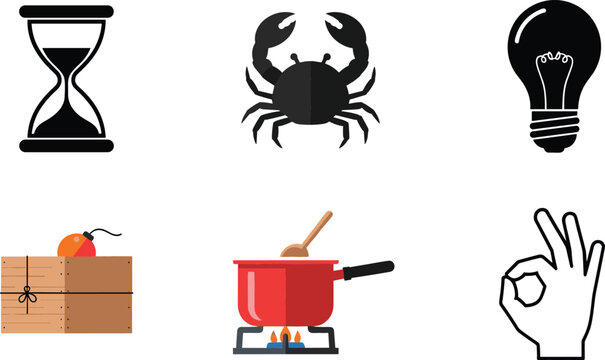 Mixed icons set with hourglass, crab, light bulb, cooking pot, mouse trap and OK hand gesture, vector illustration for time, ideas, food and concept design projects