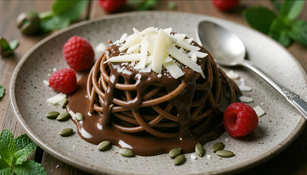 Chocolate spaghetti ice cream topped with fresh raspberries and white chocolate shavings, served on a light blue plate. Macro close-up with a minimalist, modern aesthetic and clean composition. mint