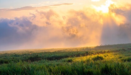 Fototapeta premium Dramatic sunrise breaking through clouds over misty grassland at dawn