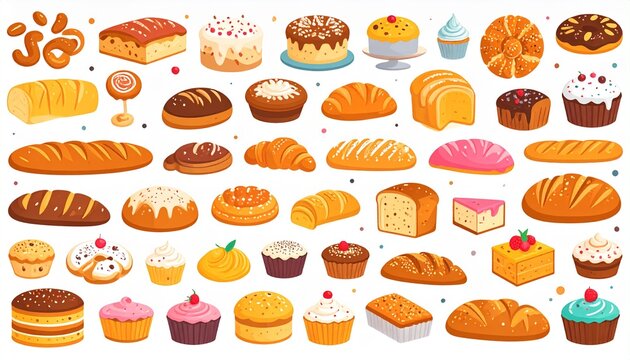 flat lay assortment of colorful bakery and pastry items vector set