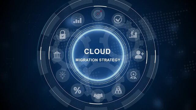 Visualizing cloud migration strategy global connectivity and business technology concepts.Digital Circuit Network Technology. 3d Motion graphics of technology icon interface background