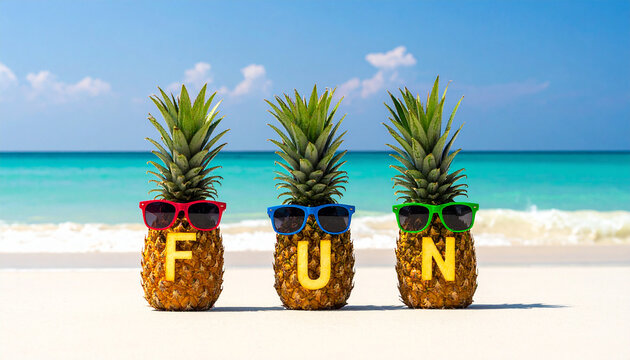 Drei Ananas mit bunten Sonnenbrillen am Strand in die das Wort "Fun" geschnitten ist.