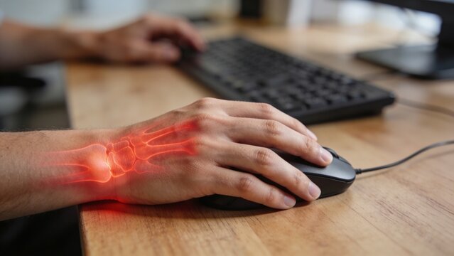 Person experiencing wrist pain while using computer mouse with red glowing anatomical joint and bone structure