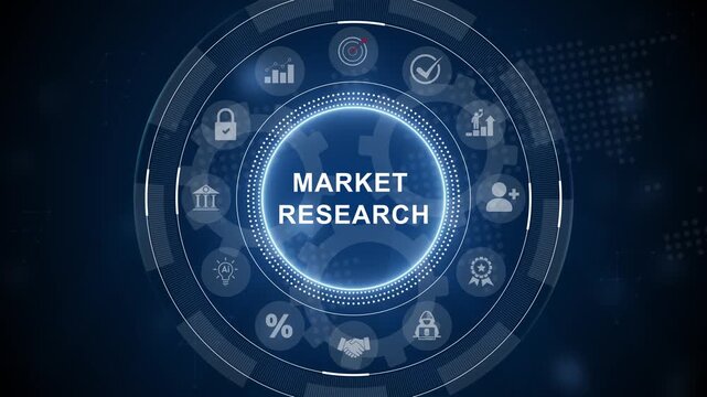 Animated graphic depicting market research process. business insights from large data sets, Animated data analytics banner web icons. 3d Motion graphics of technology icon interface background